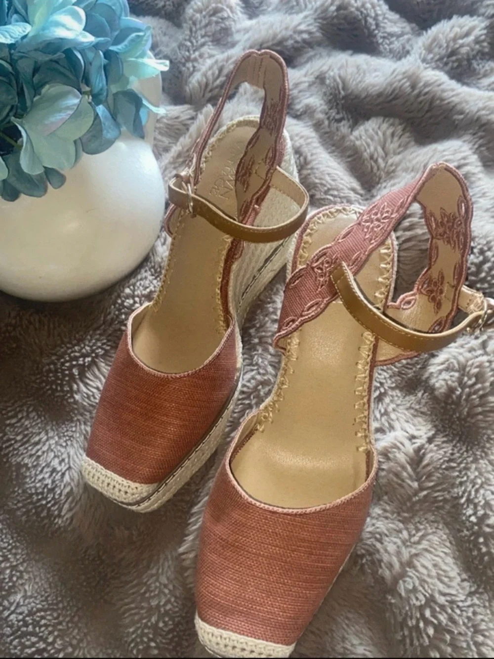 Crown Vintage Coral Pink Espadrille Wedge Sandals with Ankle Strap